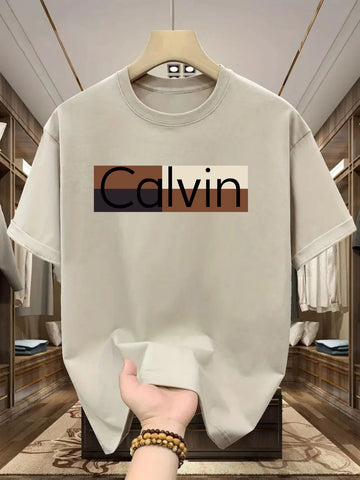 Men's summer 100% pure cotton fashionable casual sports loose Calvin pattern printed round neck short sleeved T-shirt top