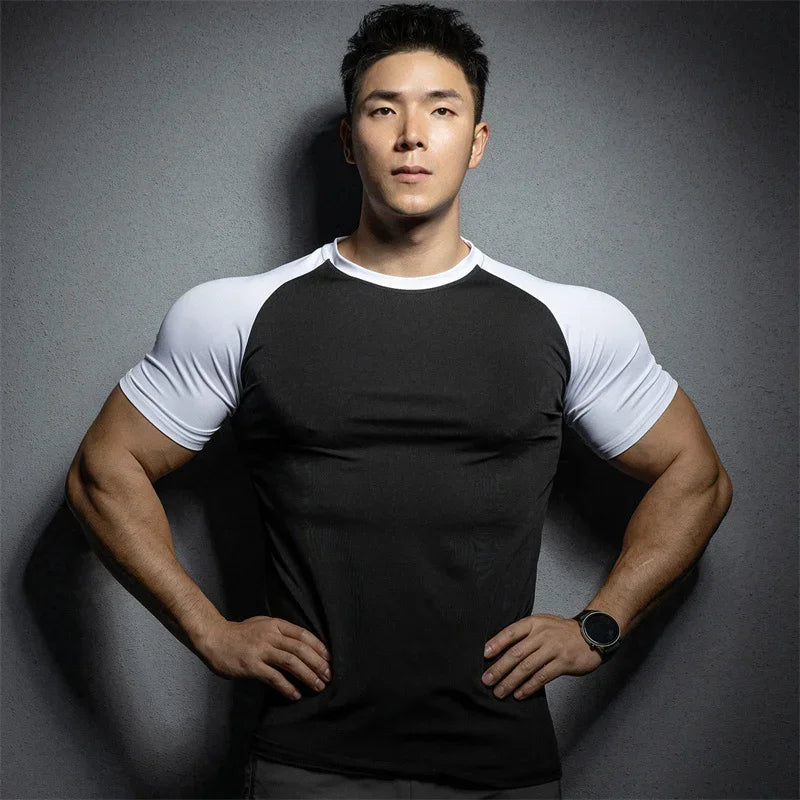 New Summer Leisure Running T-shirt Gym Training tops Elastic Quick Drying pure color Short sleeve sports T-shirt Men sportswear