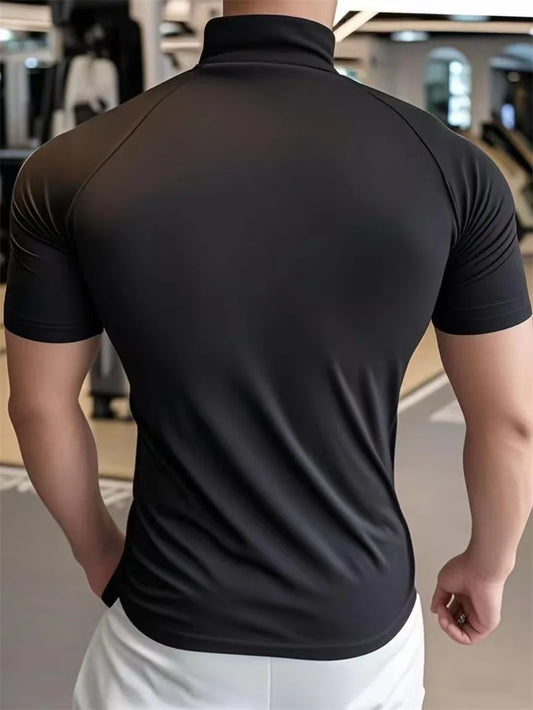 NEW Men's sports T-shirt Quick Dry Compression Running t Shirt Men Fitness short sleeve Shirt  Zippered round neck Tights Tops