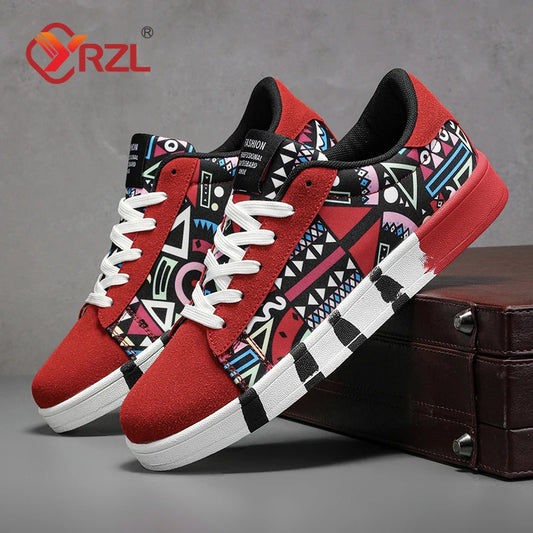 YRZL Men's Sports Running Shoes Canvas Geometric Style Lace-Up Sneakers Couples' Fashionable Graffiti Print Skate Shoes Men