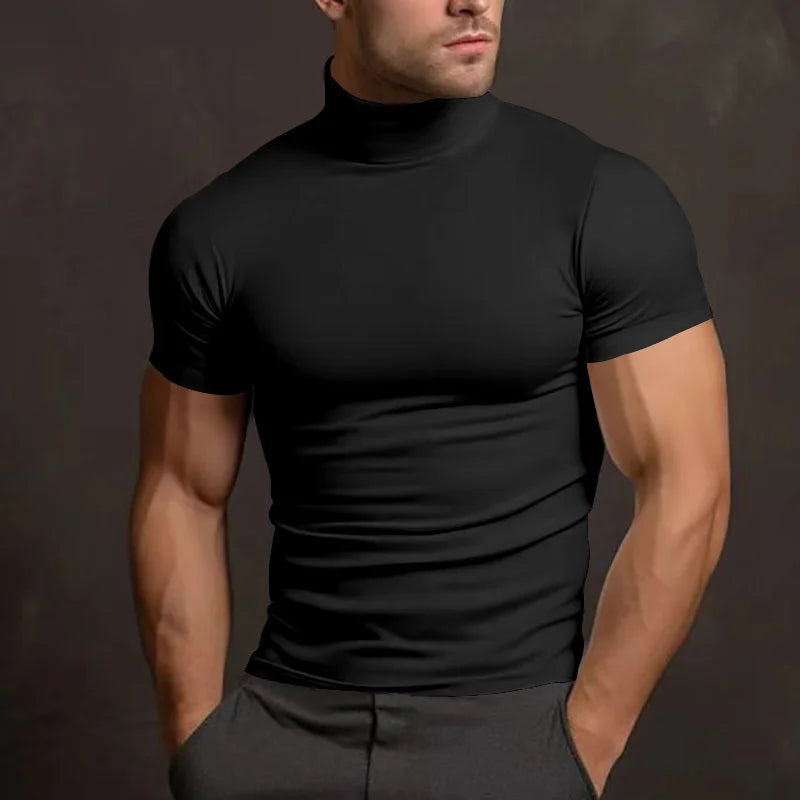 New men's T-shirt Sport leisure running gym High Collar shirt training elastic quick drying short sleeve T-shirt men Tight tops