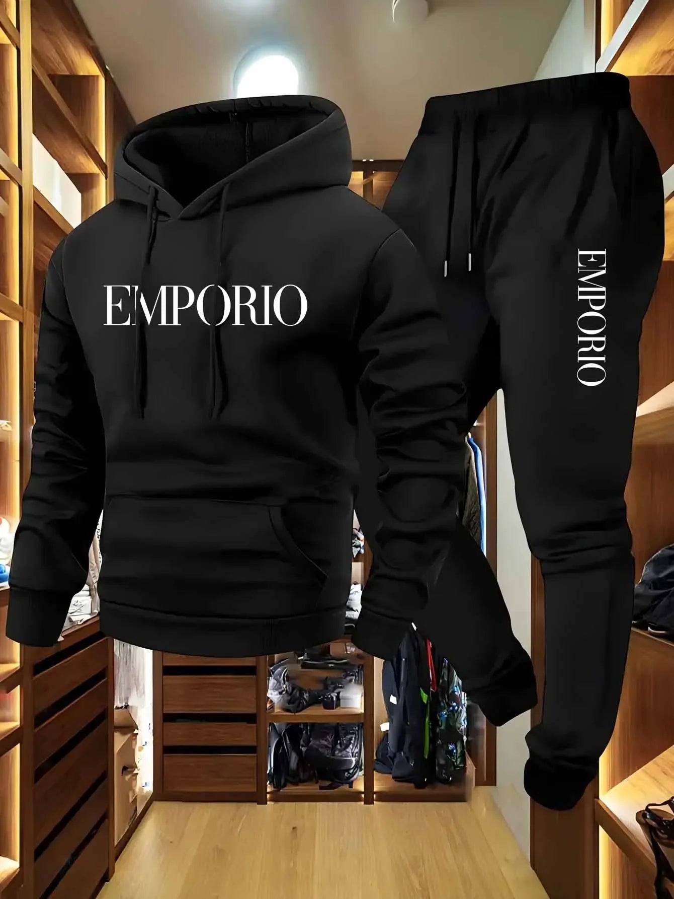 Men's sportswear set consisting of a sports shirt and running pants with a winter warm cap brim, including casual streetwear