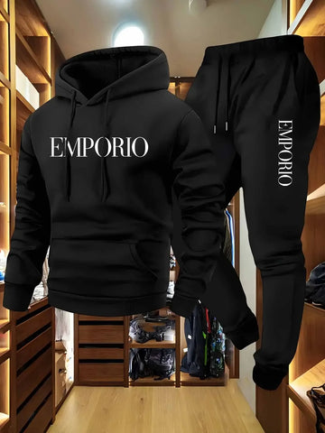 Men's sportswear set consisting of a sports shirt and running pants with a winter warm cap brim, including casual streetwear