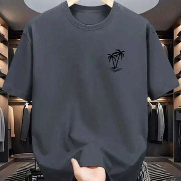 Men's summer 100% cotton fashionable casual loose coconut tree pattern printed sports round neck short sleeved T-shirt top